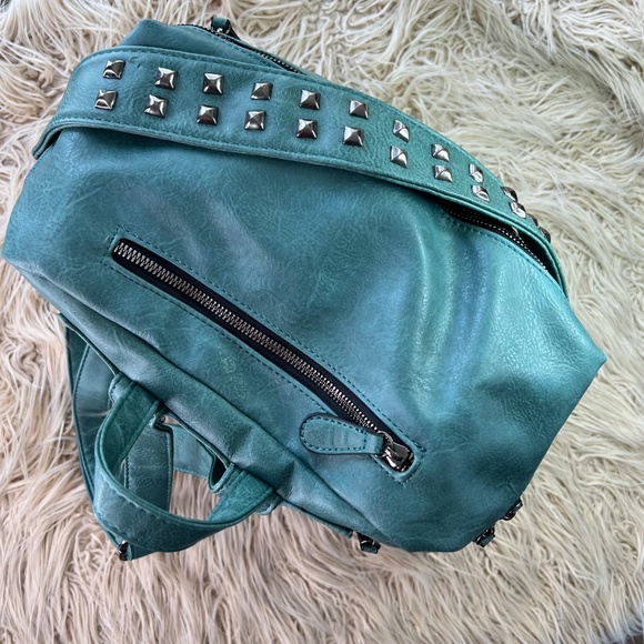 ROULENS  Green Faux Leather Backpack Bag or purse with lots of zipper pockets main image 5